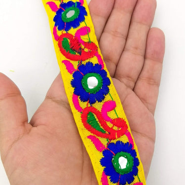 Yellow Floral Mirrored Trim With Royal Blue Flowers And Red Paisley Embroidery, Decorative Trimming, Trim By 3 Yards